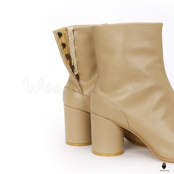 Tabi bottes en cuir beige à bout fendu pour hommes et femmes, talon de 8 cm, EU35-48