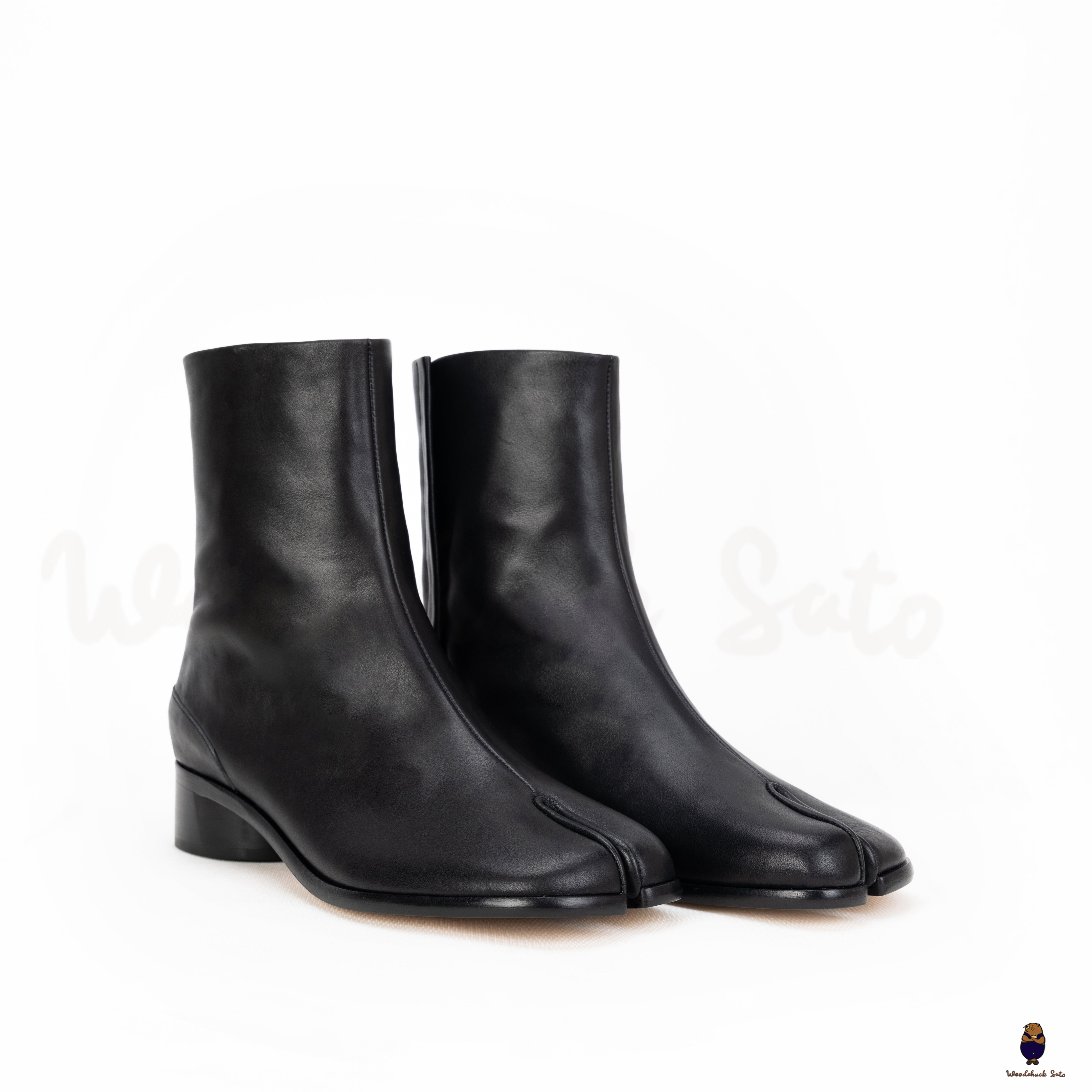 Unisex leather Tabi split toe black boots with 3cm heel height sizes 3 WoodChuckSato