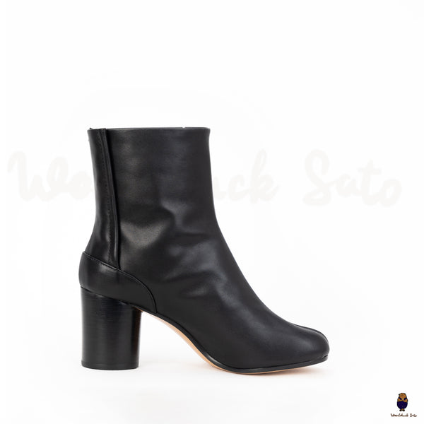 WoodChuckSato Damen Herren schwarze Tabi Split-Toe Rindslederstiefel mit 8 cm Absatzhöhe, Größen EU 35–48
