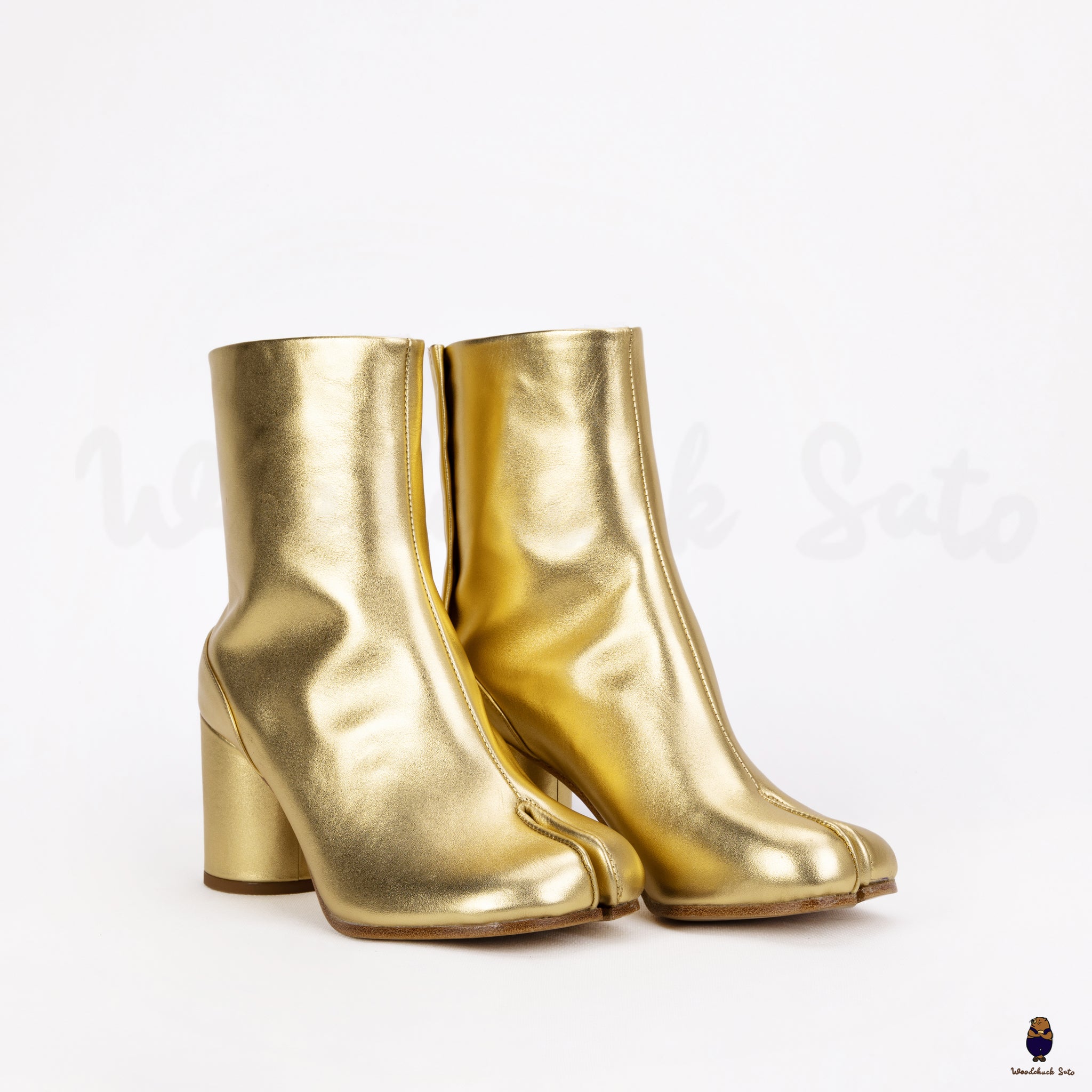 Goldene Tabi-Lederstiefel mit geteilter Zehenpartie für Herren und Damen, 8 cm Absatz, EU35–48