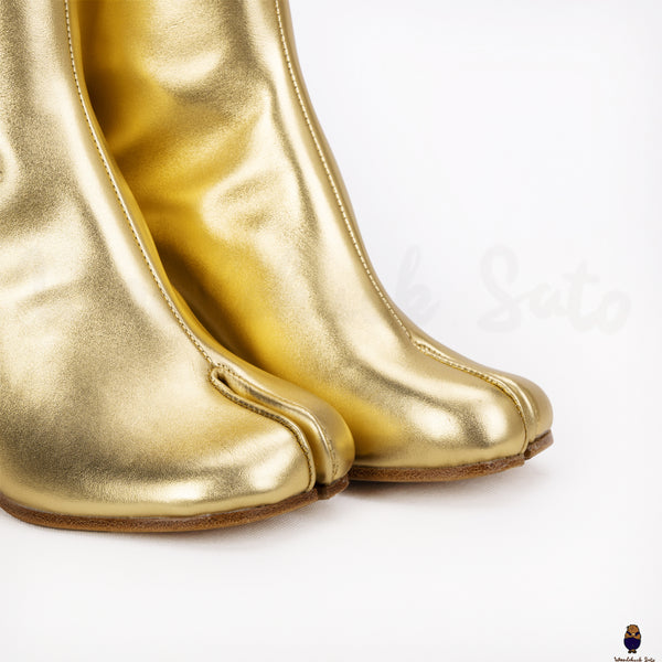 Tabi bottes dorées en cuir à talon de 8 cm pour hommes et femmes à bout fendu EU35-48