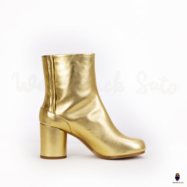 Tabi bottes dorées en cuir à talon de 8 cm pour hommes et femmes à bout fendu EU35-48
