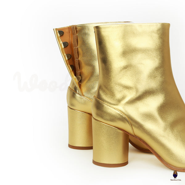 Tabi split toe men’s women’s 8cm heel leather golden boots EU35-48