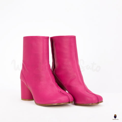 Tabi split toe men’s women’s 8cm heel leather pink boots EU35-48