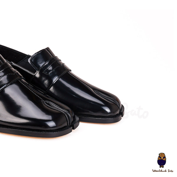 WoodChuckSato Women's Men's Vintage Black Tabi Split-Toe Cow Leather Flat Shoes Sizes EU 35-47