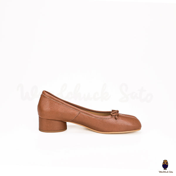WoodChuckSato Tabi Tabi en cuir de mouton à bout fendu pour femme avec talon de 3 cm et nœud - Tailles EU 35-45
