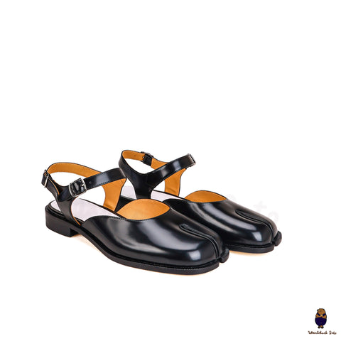 Woodchucksato Herren-Damen-Leder-Sommer-Tabi-Sandalen mit geteilter Zehenpartie in Schwarz