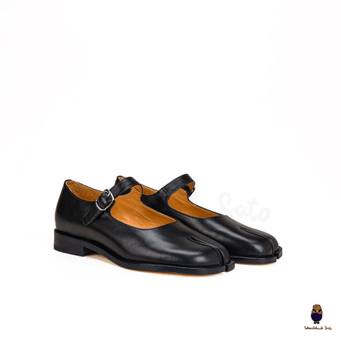 Chaussures tabi unisexes en cuir noir, sandales plates, escarpins