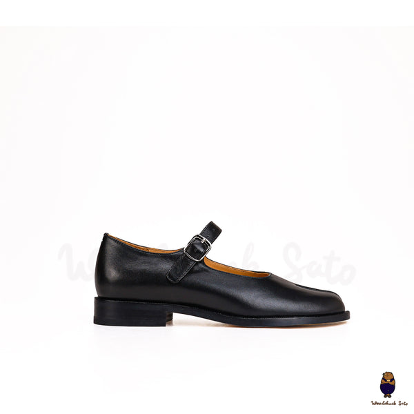 Flache Unisex-Sandalen mit Tabi-Schuhen aus schwarzem Leder