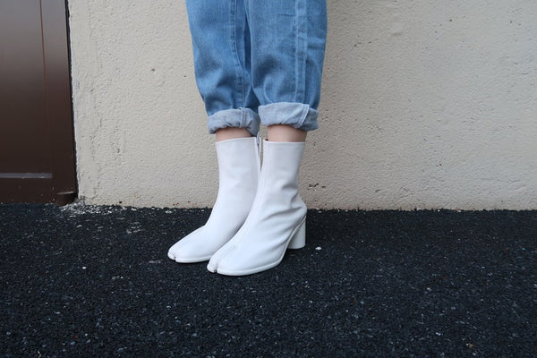 New Tabi split-Toe leather men’s women’s white boots calfskin EU36-48 6cm heel improved version